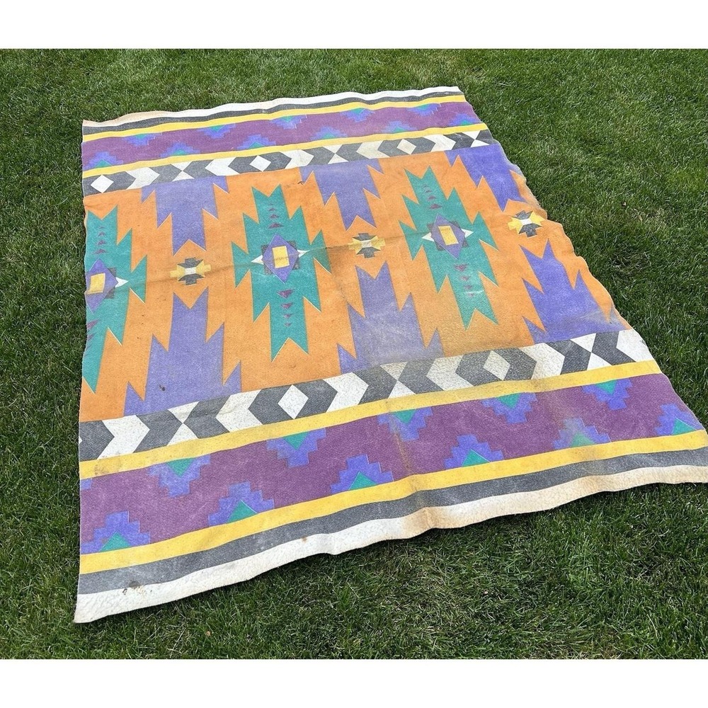 Vintage Southwestern Tribal Blanket Throw Geometric Aztec Orange Purple Teal
